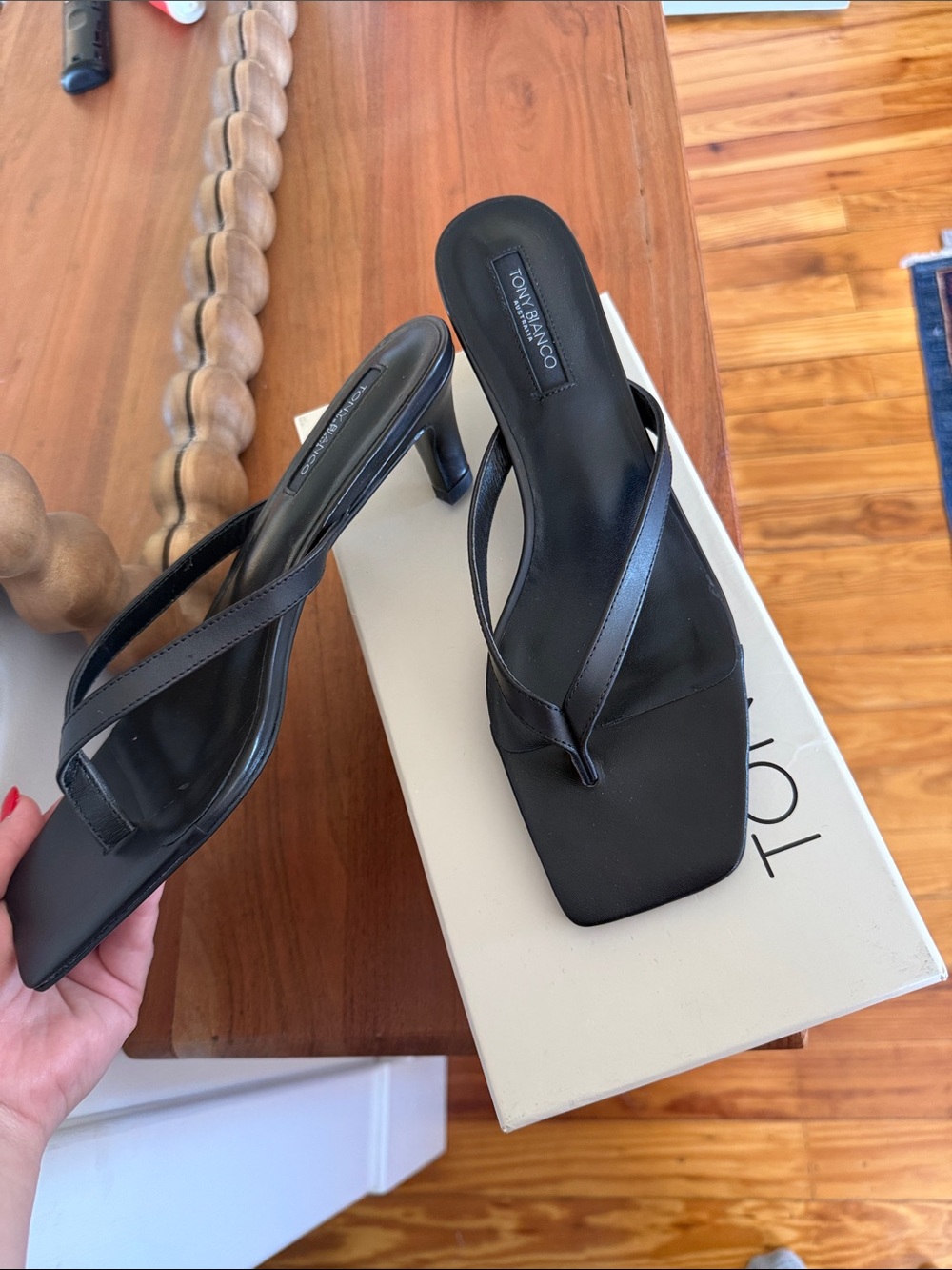 Tony Bianco Black Square-Toe Thong Heels with Slim Heel